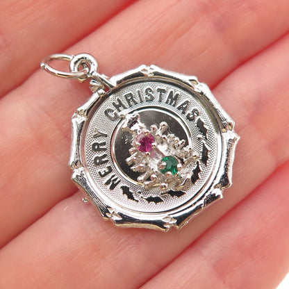 925 Sterling Silver Vintage Rhinestone Merry Christmas Tree Charm Pendant