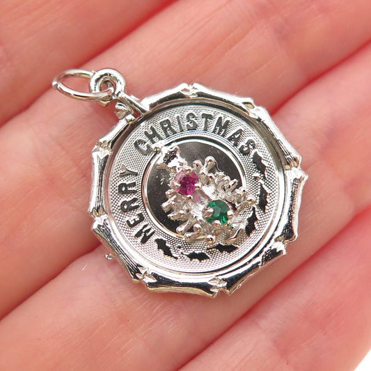 925 Sterling Silver Vintage Rhinestone Merry Christmas Tree Charm Pendant