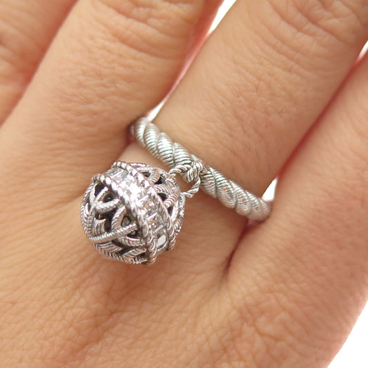 JUDITH RIPKA 925 Sterling Silver C Z Dangle Ball Charm Ring Size 8.25