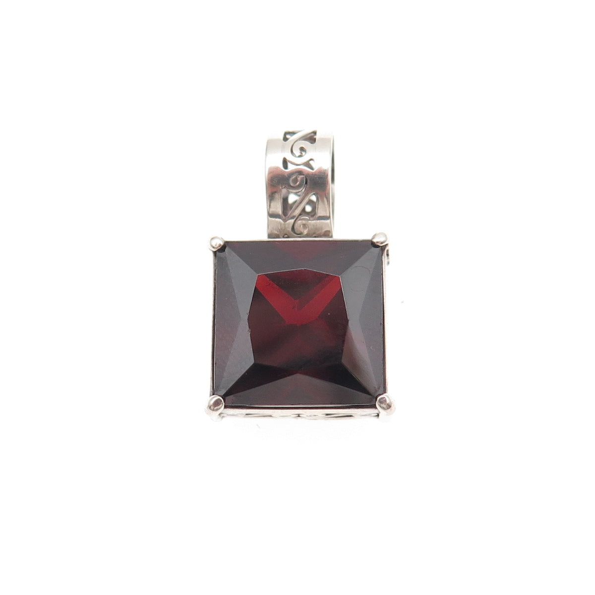925 Sterling Silver Vintage Real Princess-Cut Red Garnet Mini Charm Pendant