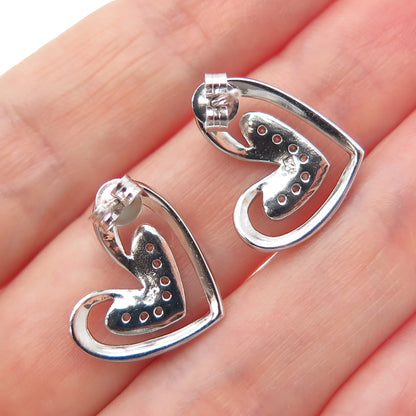925 Sterling Silver Round-Cut C Z Modernist Heart Earrings