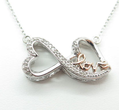 925 Sterling Silver 2-Tone Real Diamond Infinity Heart "Love" Chain Necklace 18"