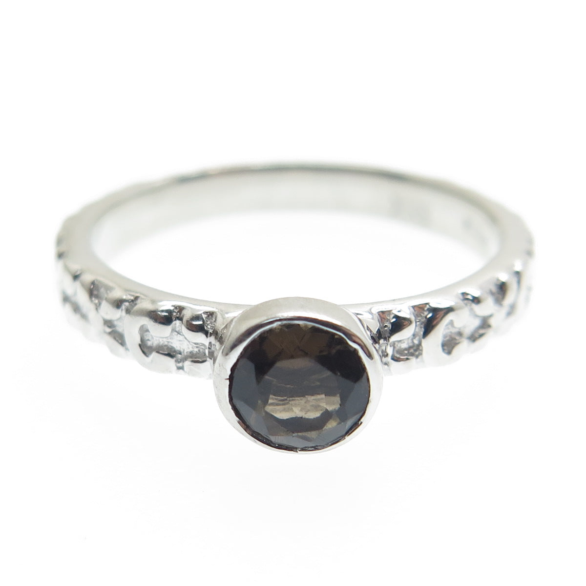 925 Sterling Silver Real Checkered Smoky Quartz Letter "C" Floral Ring Size 7.75