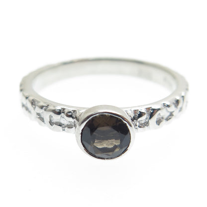 925 Sterling Silver Real Checkered Smoky Quartz Letter "C" Floral Ring Size 7.75