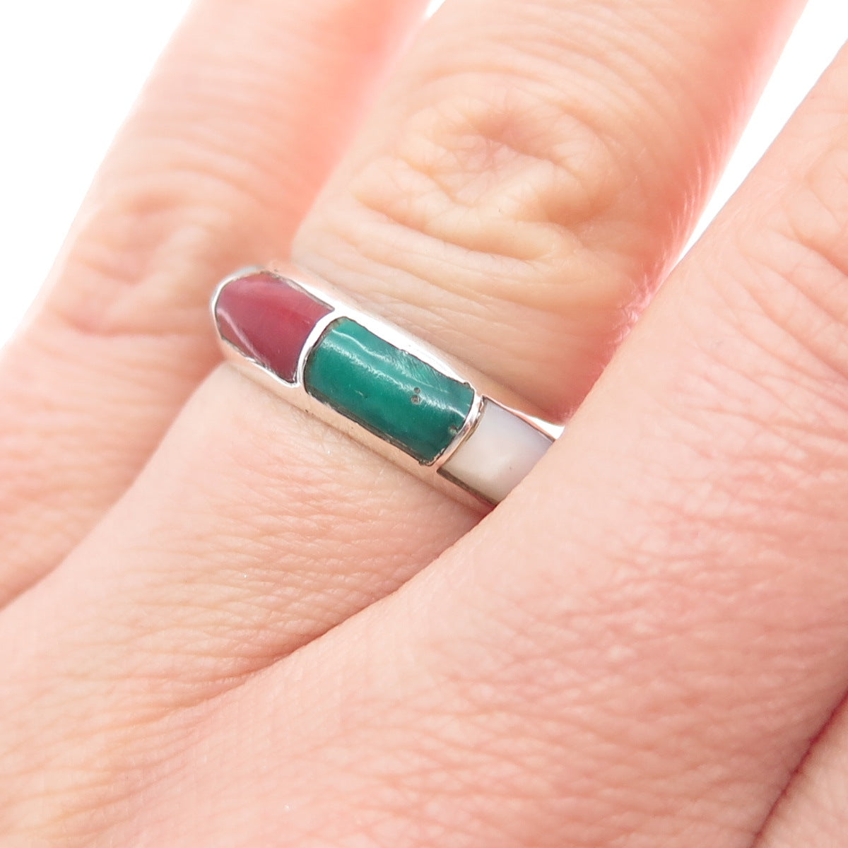 Jared Chavez Old Pawn Sterling Turquoise Malachite Coral Onyx MOP Ring Size 6.5