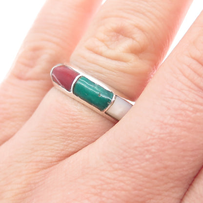 Jared Chavez Old Pawn Sterling Turquoise Malachite Coral Onyx MOP Ring Size 6.5