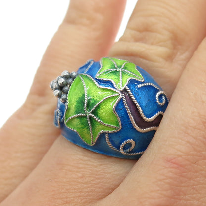 925 Sterling Silver Antique Chinese Enamel Grape Vine Adjustable Ring Size 6