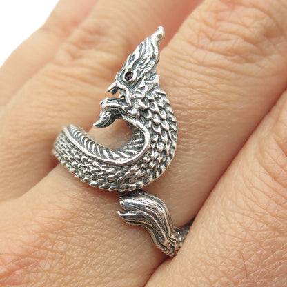 925 Sterling Silver Vintage Real Red Garnet Gemstone Dragon Ring Size 10