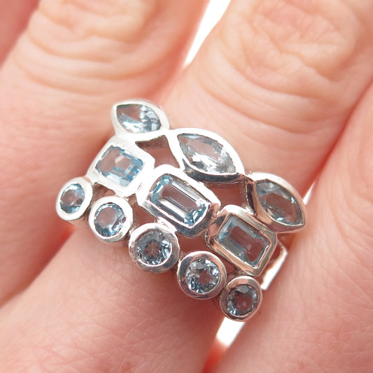 925 Sterling Silver Vintage Real Multi-Cut Blue Topaz Cluster Ring Size 8.25