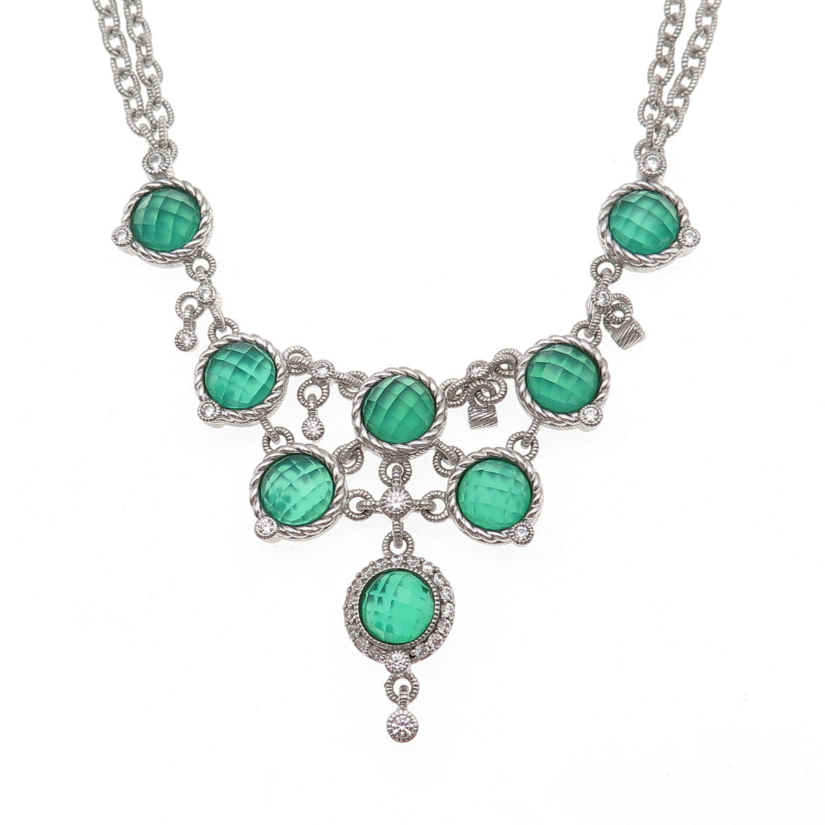 Judith Ripka 925 Sterling Silver Real Green Onyx & C Z Double Chain Necklace 18"