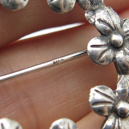 925 Sterling Silver Vintage Floral Blossom Circle Oxidized Pin Brooch