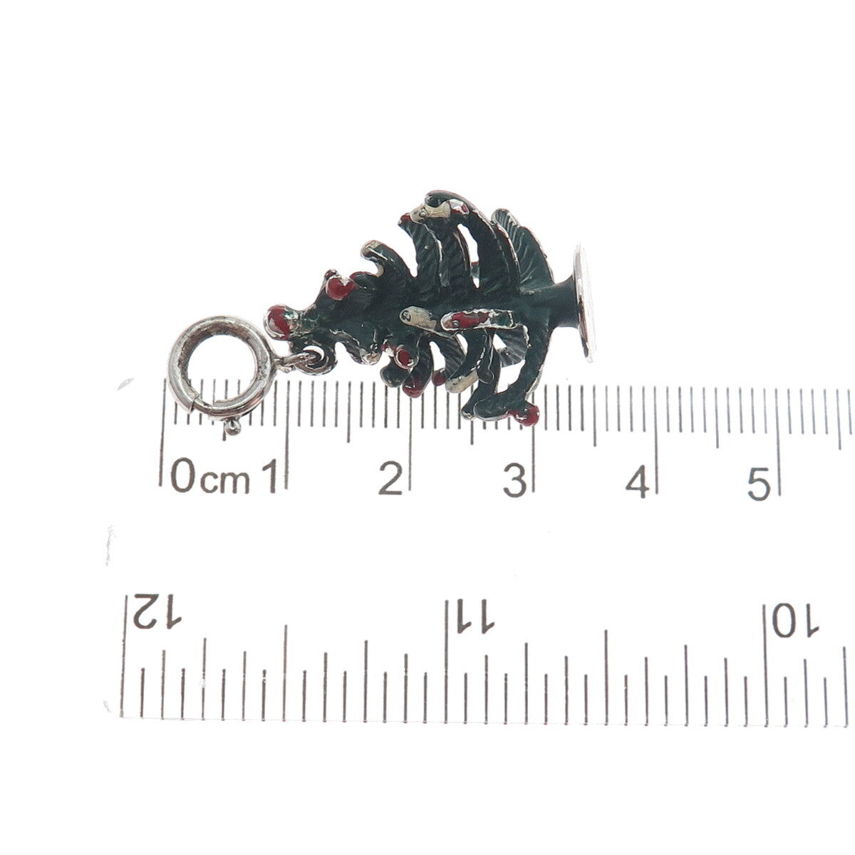 JEWELART Sterling Silver Antique Enamel Christmas Tree Spring Ring Charm Pendant