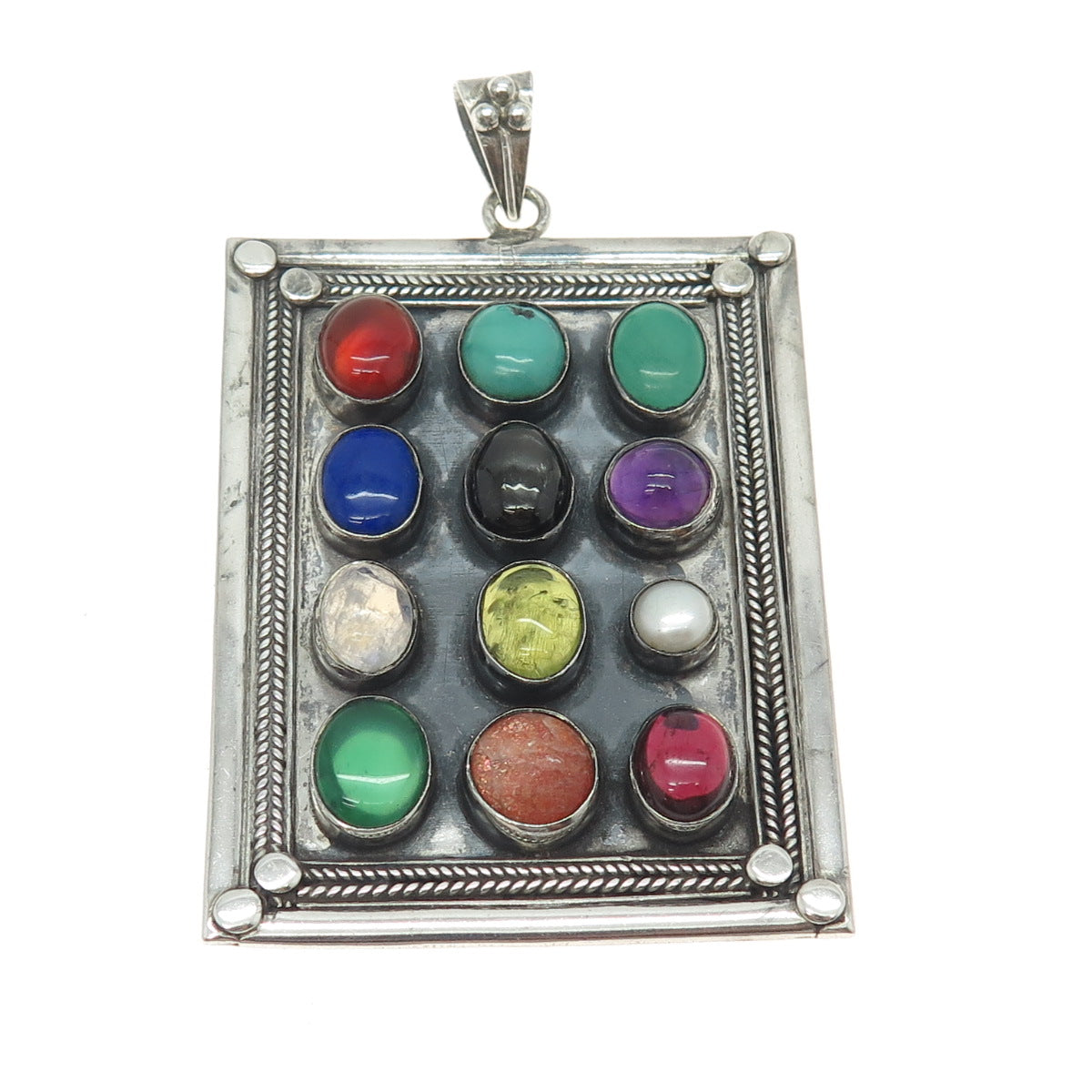 925 Sterling Silver Vintage Pearl Turquoise Lapis Lazuli Tourmaline Gem Pendant