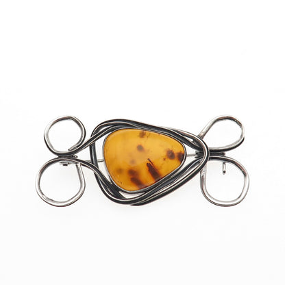 925 Sterling Silver Vintage AK Poland Real Amber Modernist Oxidized Pin Brooch