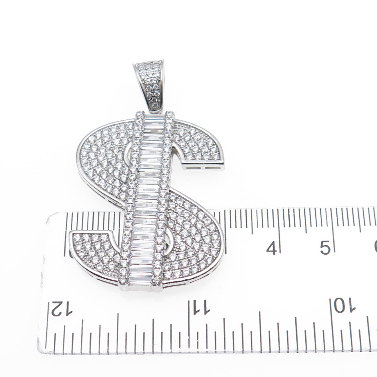 925 Sterling Silver Round & Baguette-Cut Dollar Sign Charm Pendant