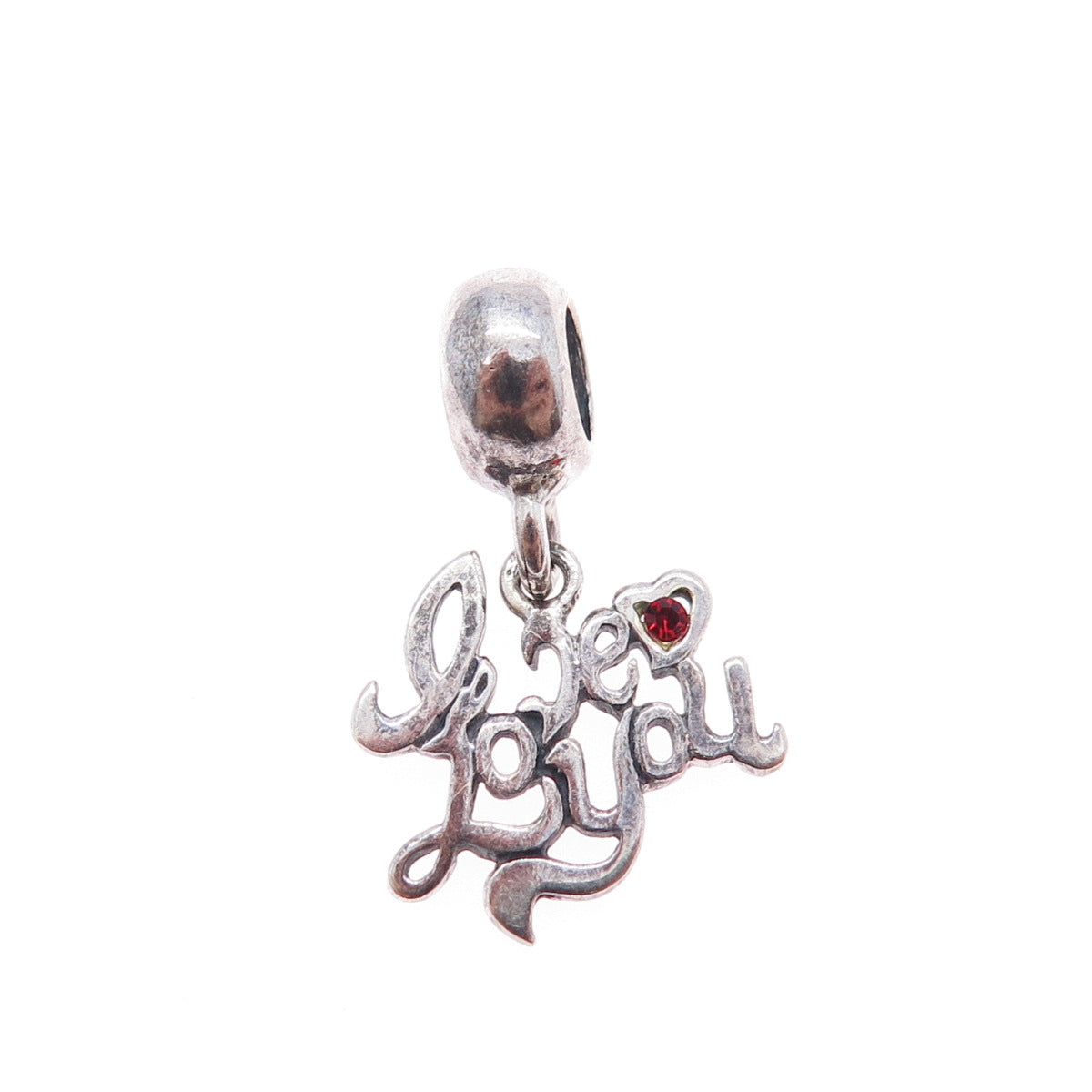 925 Sterling Silver Vintage Red Rhinestone Love You Minimalist Charm Pendant