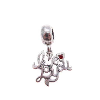 925 Sterling Silver Vintage Red Rhinestone Love You Minimalist Charm Pendant