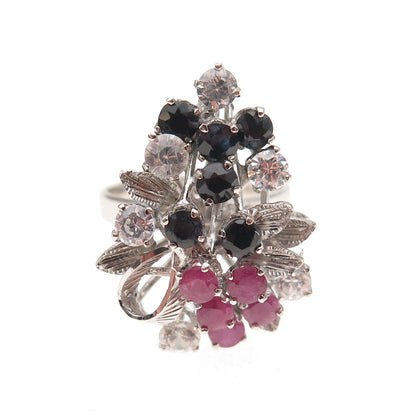 925 Sterling Silver Antique Art Deco Real Sapphire Ruby Rhinestone Ring Size 7.5