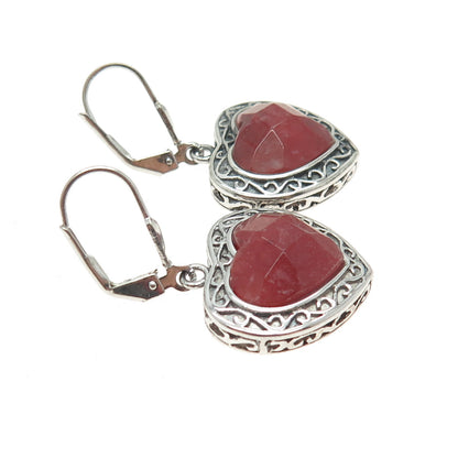 925 Sterling Silver Vintage Real Heart-Cut Ruby Ornate Dangle Earrings