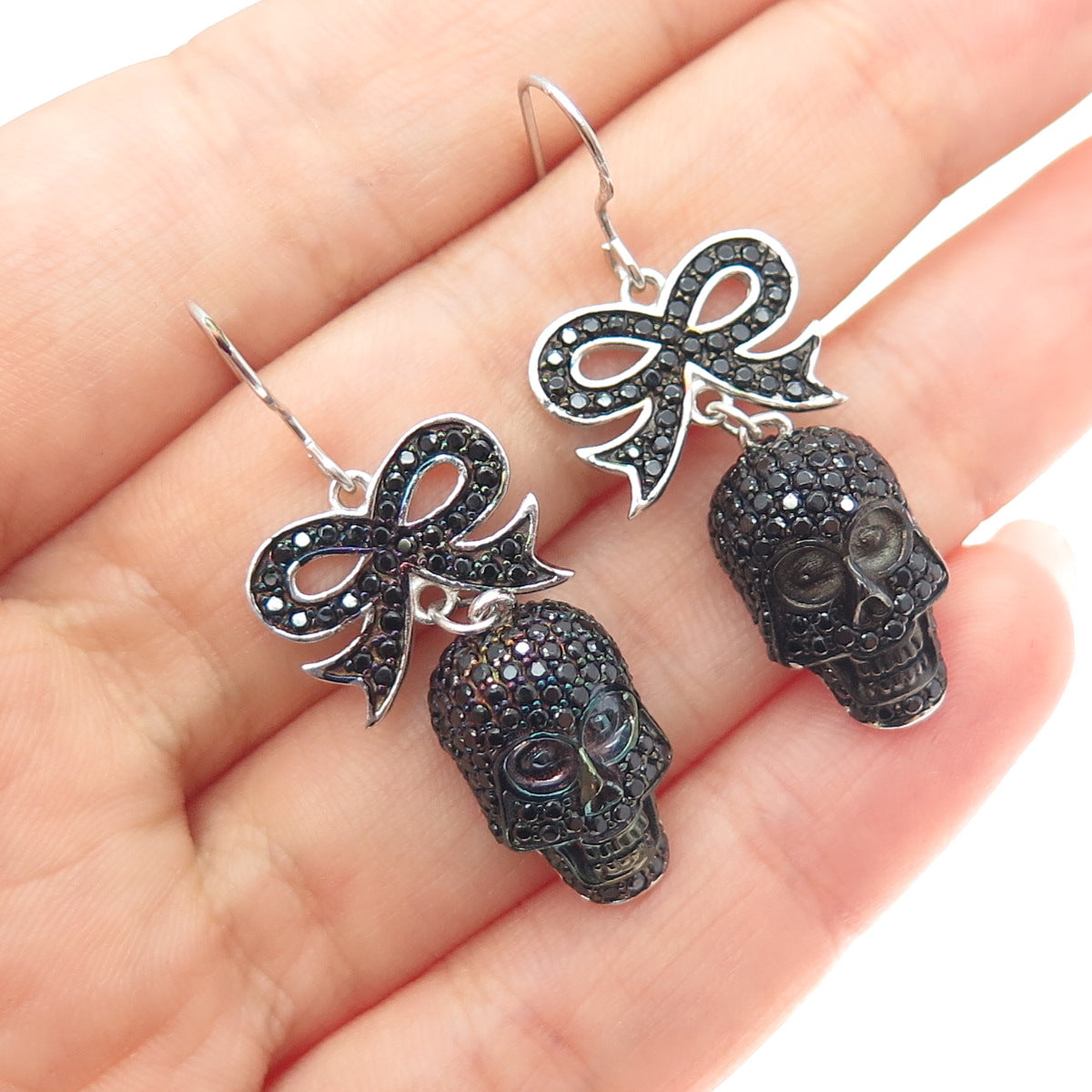 925 Sterling Silver Real Black Spinel Skull & Bow Dangle Earrings