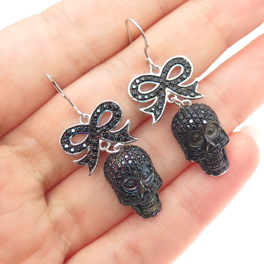 925 Sterling Silver Real Black Spinel Skull & Bow Dangle Earrings