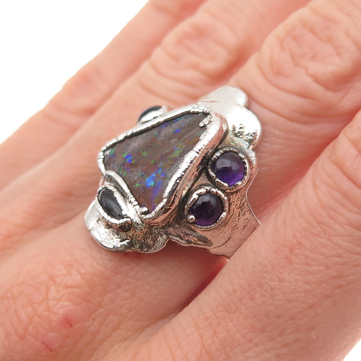 925 Sterling Silver Vintage Real Boulder Opal & Amethyst Modernist Ring Size 10
