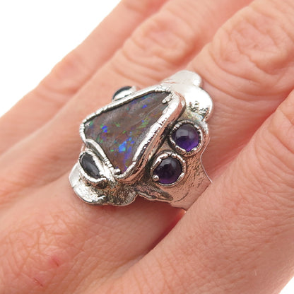 925 Sterling Silver Vintage Real Boulder Opal & Amethyst Modernist Ring Size 10