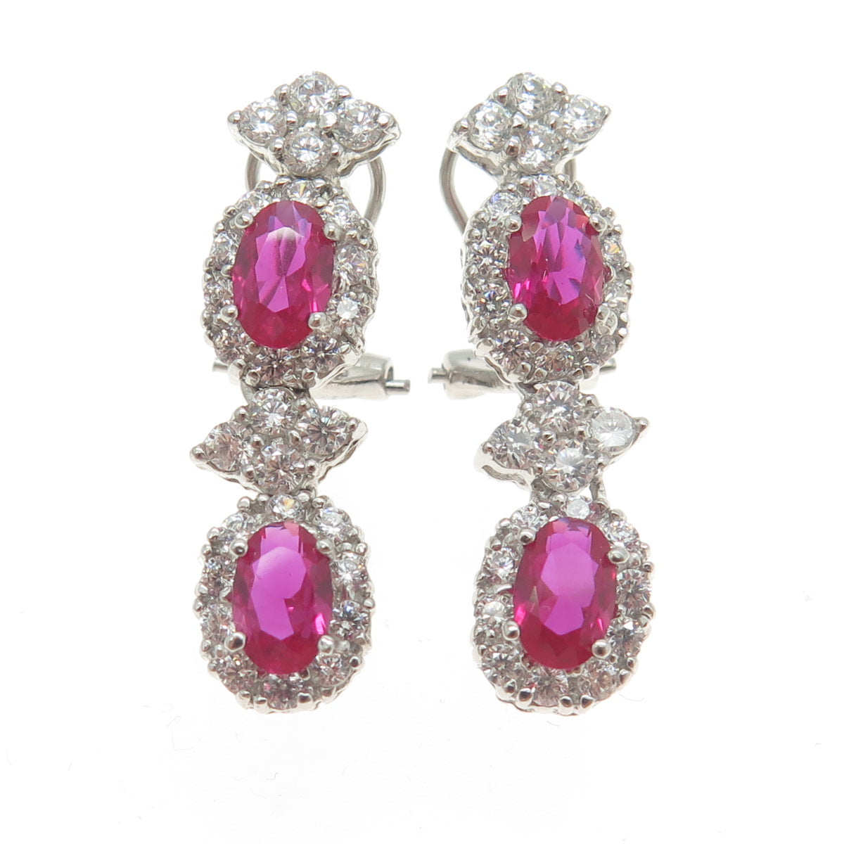 925 Sterling Silver Lab-Created Pink Sapphire & C Z Omega Back Earrings