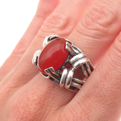 925 Sterling Silver Vintage Real Carnelian Modernist Oxidized Ring Size 9.25