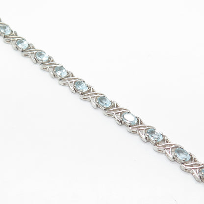 925 Sterling Silver HAN Real Blue Topaz Gemstone Tennis Link Bracelet 6.75"