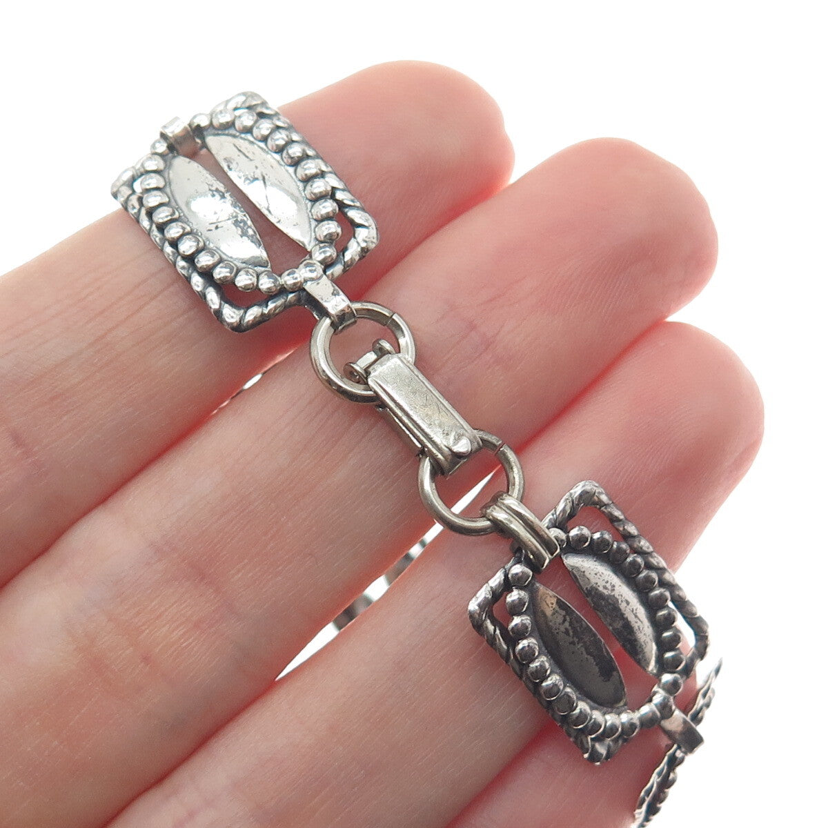 BEAU 925 Sterling Silver Antique Art Deco Coffee Bean Panel Link Bracelet 7.25"