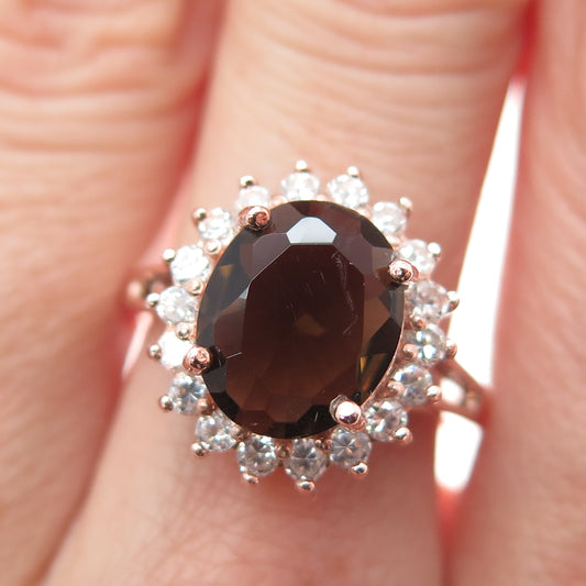 925 Sterling Silver Rose Gold Plated Real Smoky Quartz & C Z Ring Size 7.5