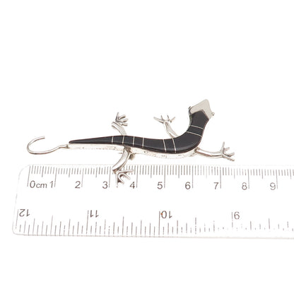 Old Pawn 925 Sterling Silver Vintage Southwestern Black Onyx Lizard Pin Brooch
