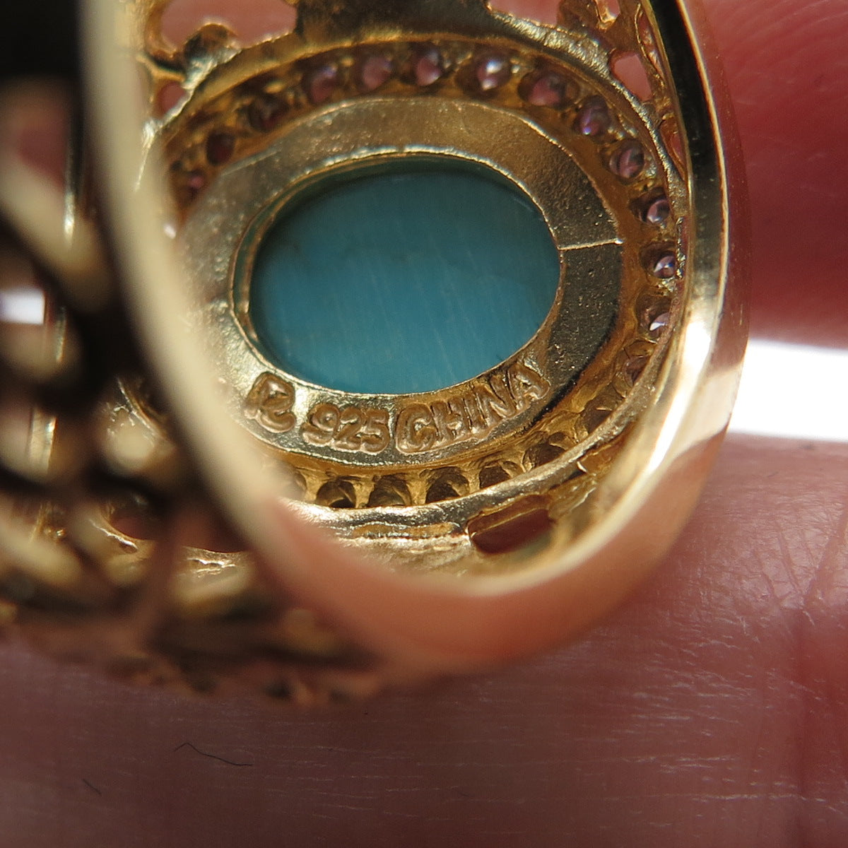 ROSS SIMONS 925 Sterling Silver Gold Plated Faux Turquoise & C Z Ring Size 6.25