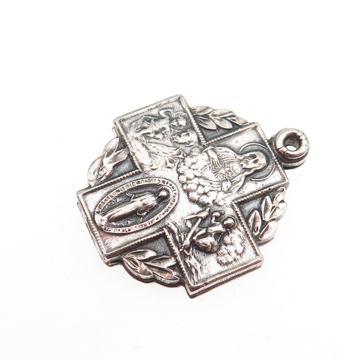 925 Sterling Silver Antique Art Deco 4-Way Religious Medal Double Slide Pendant