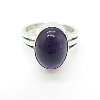 925 Sterling Silver Vintage Real Amethyst Modernist Ring Size 6.75