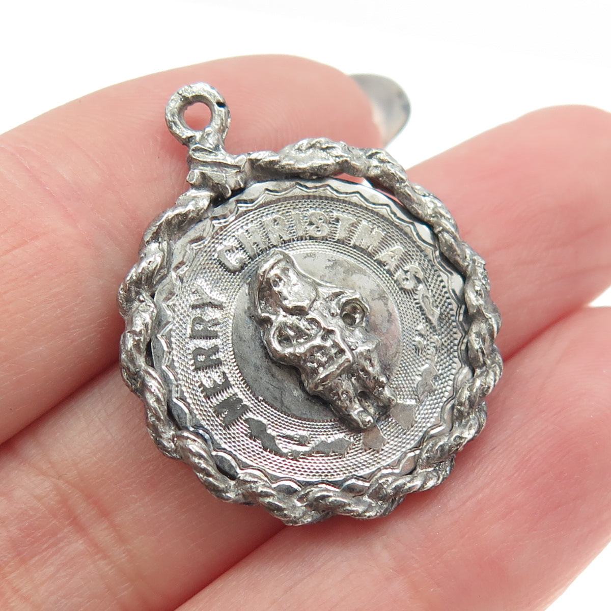 925 Sterling Silver Vintage "Merry Christmas" Santa Pendant