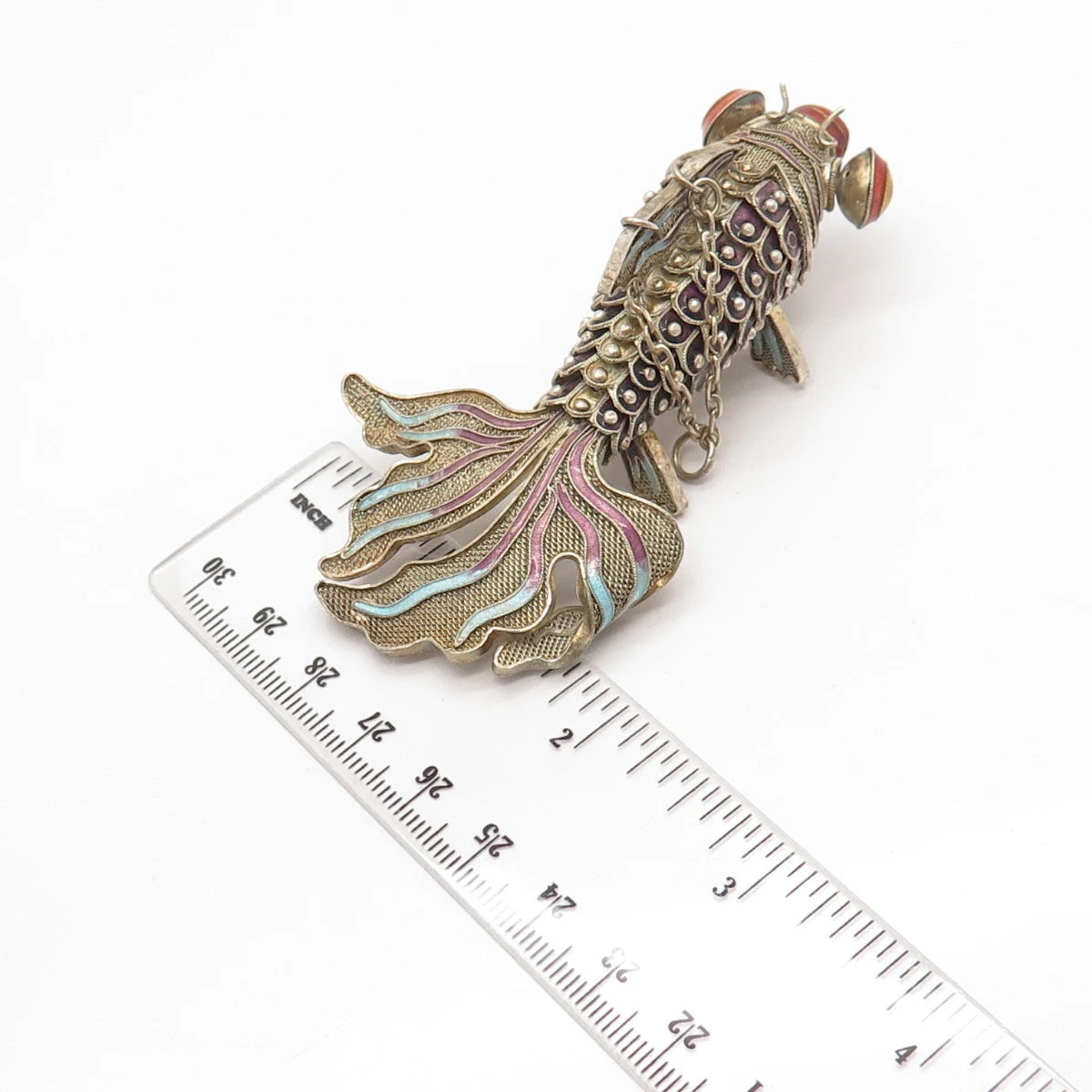 925 Sterling Silver Antique Enamel Chinese Koi Fish Chatelaine Pendant / Fob