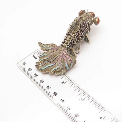 925 Sterling Silver Antique Enamel Chinese Koi Fish Chatelaine Pendant / Fob