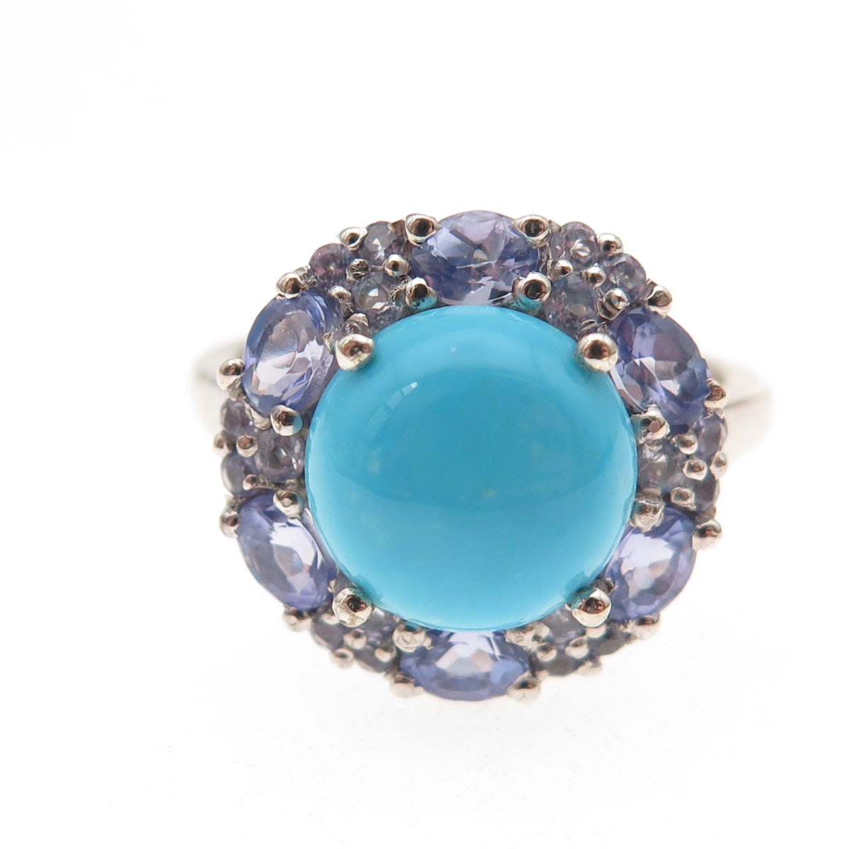 Chuck Clemency 925 Sterling Silver Real Turquoise & Tanzanite Floral Ring Size 8