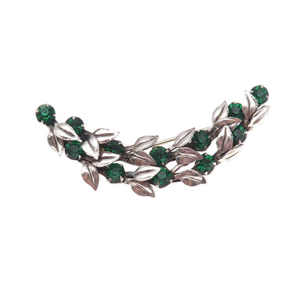 925 Sterling Silver Antique Art Deco Green Rhinestone Floral Pin Brooch