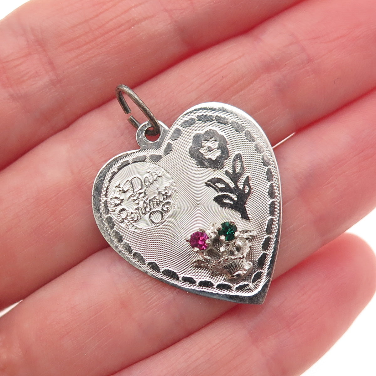 925 Sterling Silver Vintage Rhinestone A Date to Remember Heart Pendant