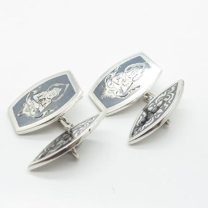 925 Sterling Silver Vintage Niello Hindu Goddess Cufflinks