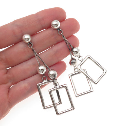 925 Sterling Silver Vintage Modernist Ball Beaded Frame Dangle Earrings