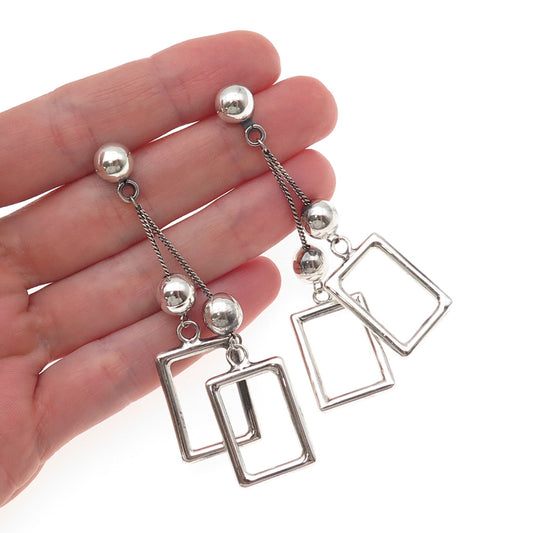 925 Sterling Silver Vintage Modernist Ball Beaded Frame Dangle Earrings