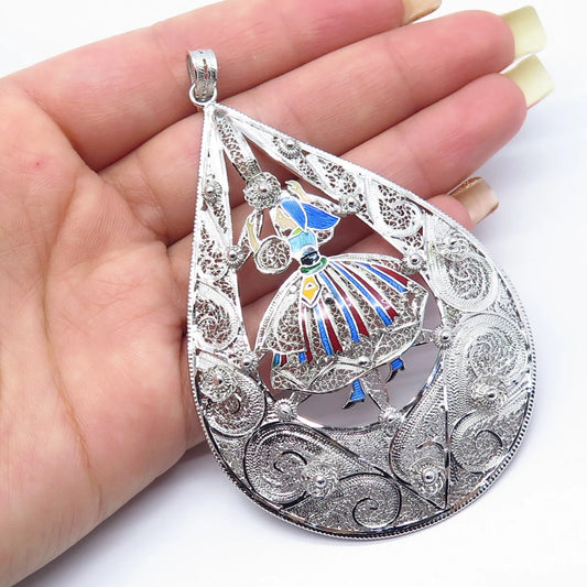 925 Sterling Silver Vintage Colorful Enamel Girl Filigree Pendant