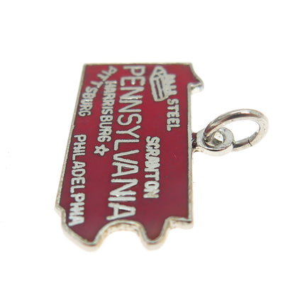 925 Sterling Silver Vintage Red Enamel "Pennsylvania" State Map Pendant