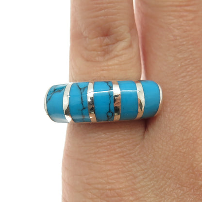 925 Sterling Silver Vintage Real Turquoise Modernist Dome Ring Size 5.5