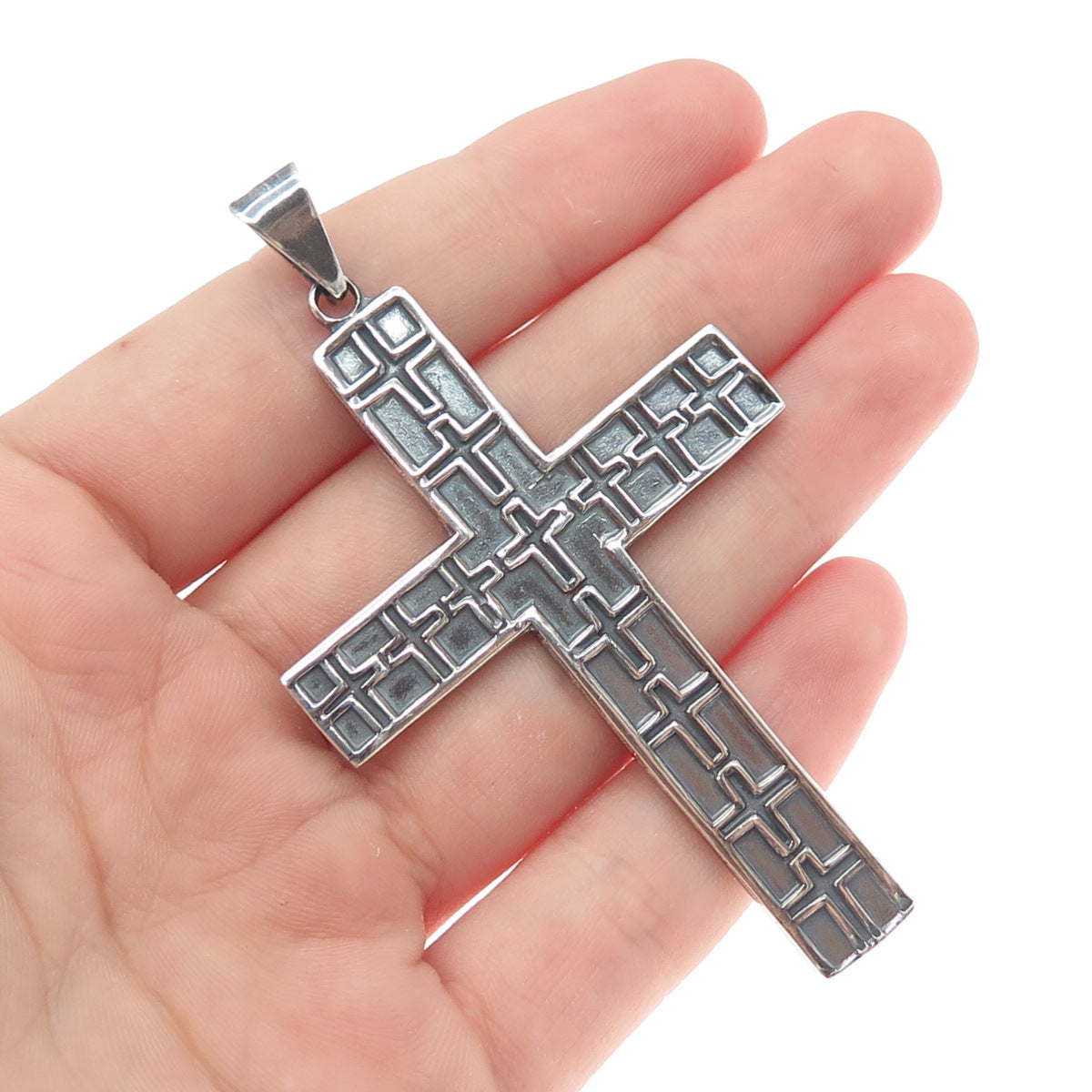 925 Sterling Silver Vintage Mexico Cross Religious Oxidized Large Pendant