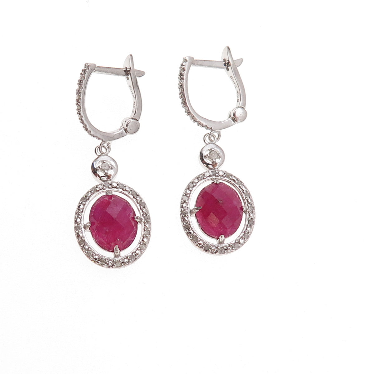 925 Sterling Silver Real Diamond & Ruby Dangle Earrings